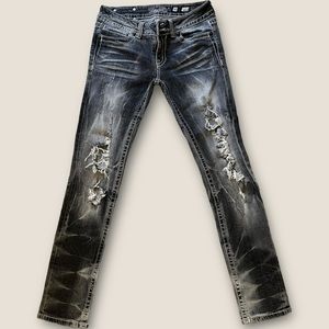 Miss Me Gray Denim Women's 30 Skinny Bling Cross Distressed Knees Jeans Bottom✅